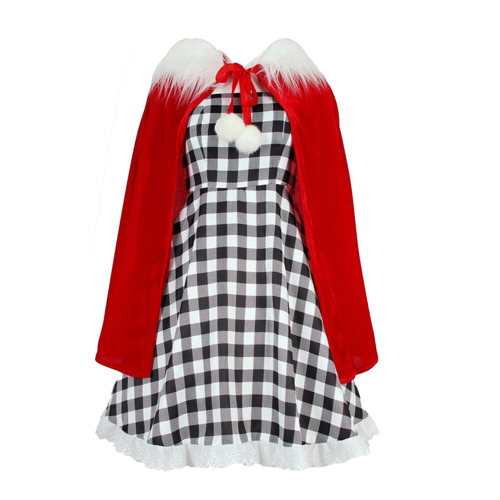 5301 Christmas Costume Santa Dress Outfits with Cloak Plaid Dress Xmas